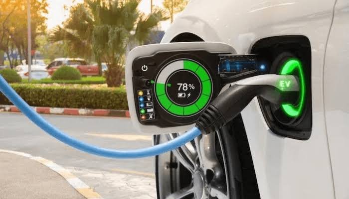 Cinematic image of an electric vehicle on the road